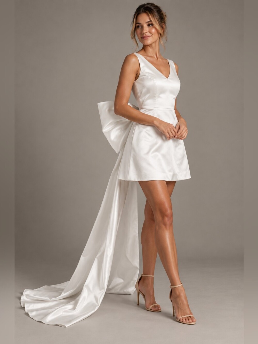 Miss Veil White Satin Bridal Mini Dress Bow Train XL NWT